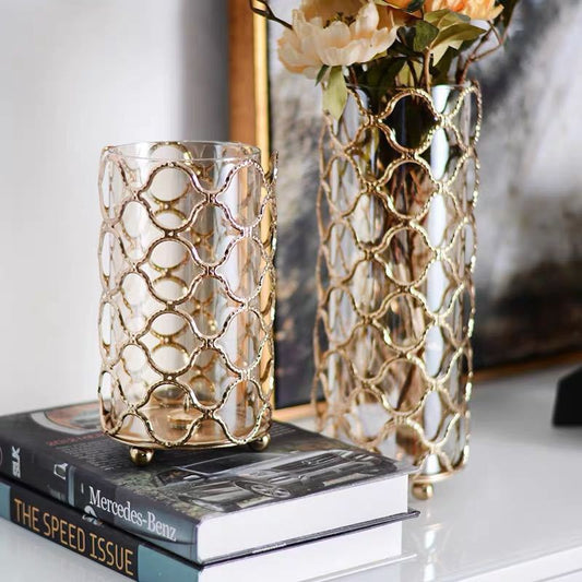 Hollow Out Glass Vases Golden Flower Arrangement Metal - My Store