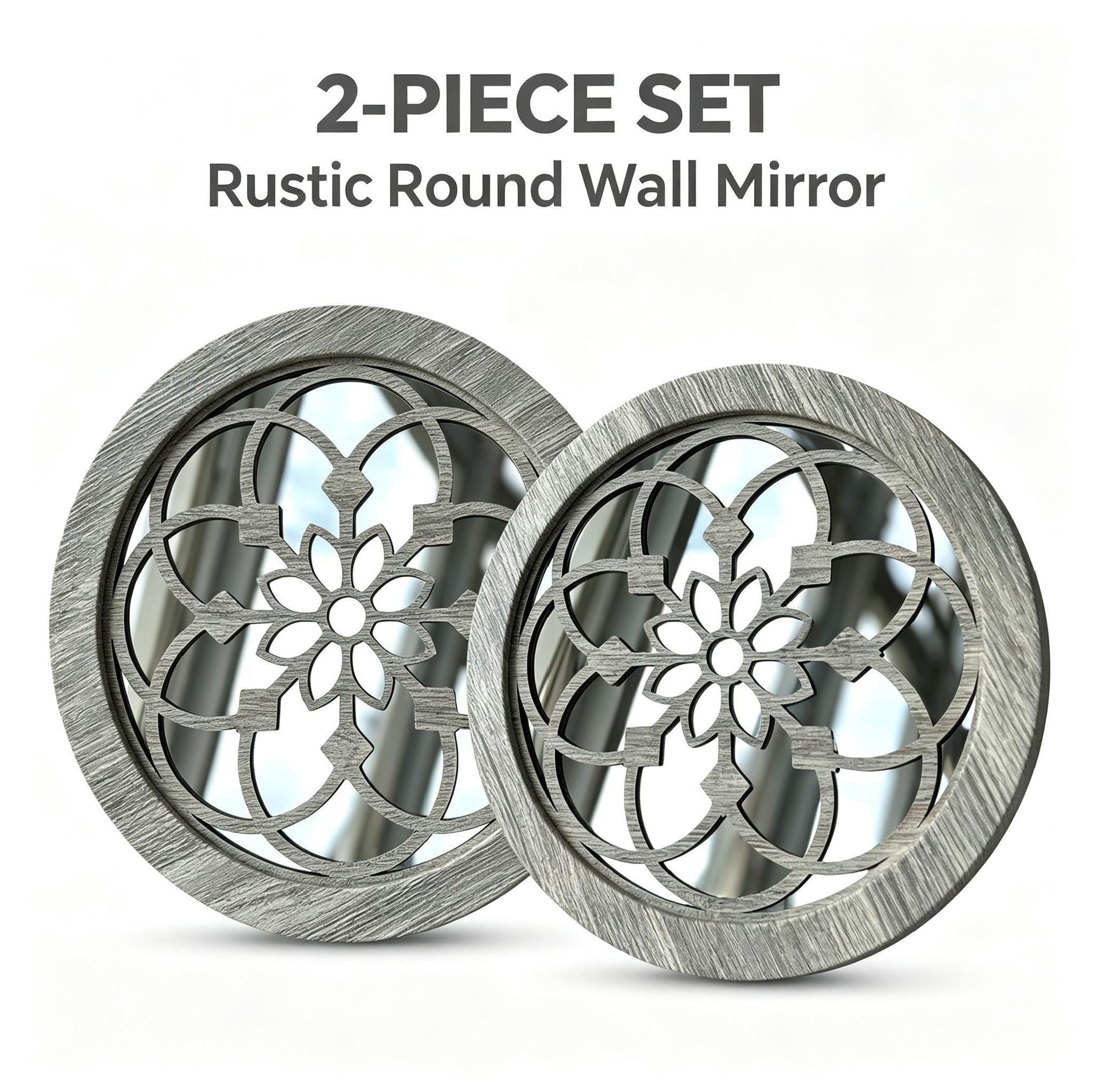 2 Pack Rustic Round Wooden Wall Mirror, Hollow Floral Carved Decorative Mirror, Farmhouse Wall Hanging Art For Home Decoration - My Store