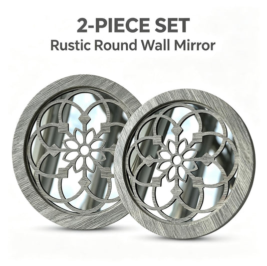 2 Pack Rustic Round Wooden Wall Mirror, Hollow Floral Carved Decorative Mirror, Farmhouse Wall Hanging Art For Home Decoration - My Store