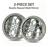 2 Pack Rustic Round Wooden Wall Mirror, Hollow Floral Carved Decorative Mirror, Farmhouse Wall Hanging Art For Home Decoration - My Store