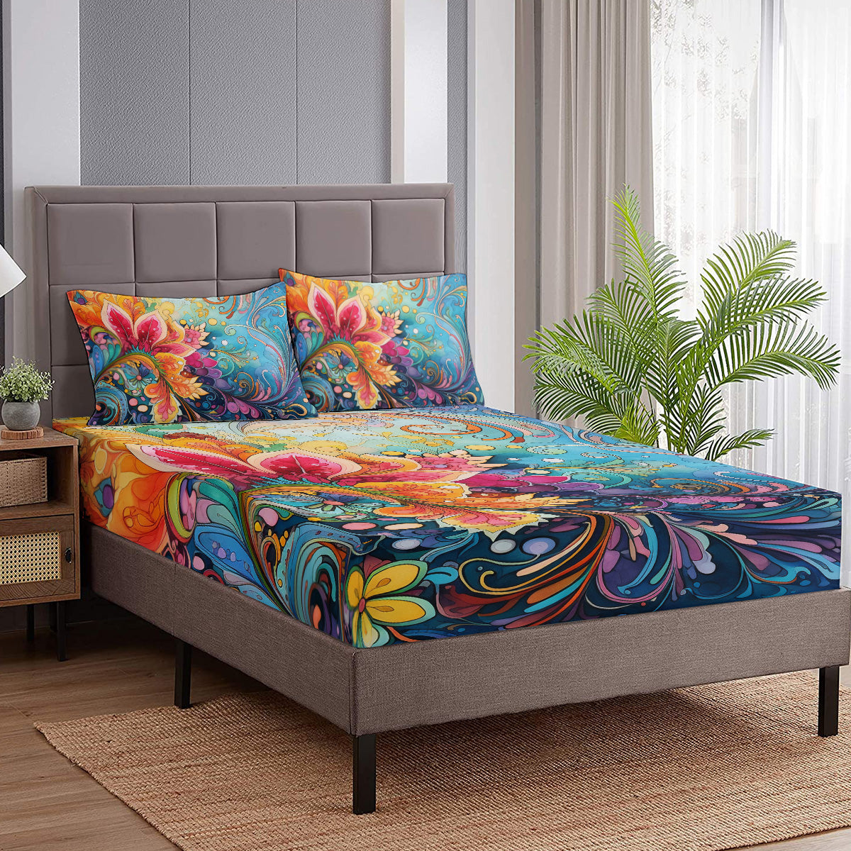 Bedding Fitted Sheet With Deep Pocket Mattress Cover Sheets,Colorful Flowers Printed Fabric Bed Sheets - My Store