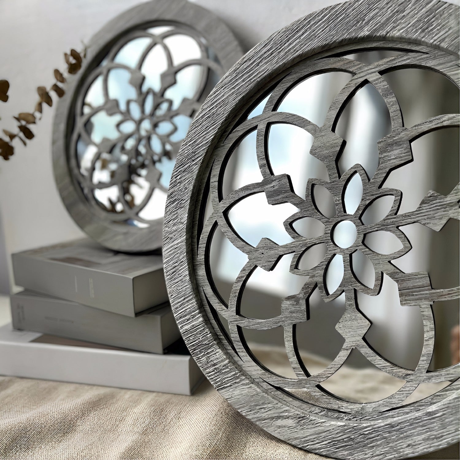 2 Pack Rustic Round Wooden Wall Mirror, Hollow Floral Carved Decorative Mirror, Farmhouse Wall Hanging Art For Home Decoration - My Store