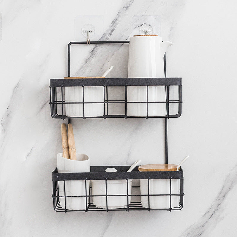 Nordic wrought iron kitchen bathroom wall hanging wall shelf free punching wall hanging storage basket dormitory hanging basket - My Store