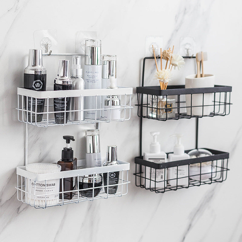 Nordic wrought iron kitchen bathroom wall hanging wall shelf free punching wall hanging storage basket dormitory hanging basket - My Store
