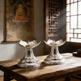 925 Sterling Silver Elegant Silver Lotus Flower Candle Holders with Intricate Engraved Bases, Set of Two - Handicraft - My Store