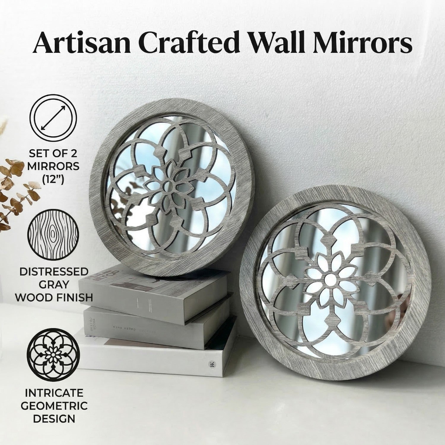 2 Pack Rustic Round Wooden Wall Mirror, Hollow Floral Carved Decorative Mirror, Farmhouse Wall Hanging Art For Home Decoration - My Store