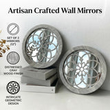 2 Pack Rustic Round Wooden Wall Mirror, Hollow Floral Carved Decorative Mirror, Farmhouse Wall Hanging Art For Home Decoration - My Store