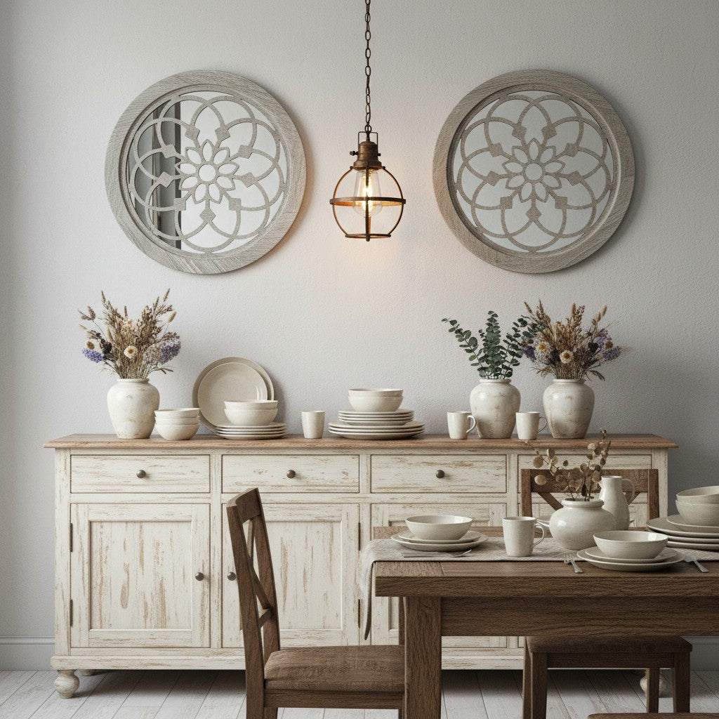 2 Pack Rustic Round Wooden Wall Mirror, Hollow Floral Carved Decorative Mirror, Farmhouse Wall Hanging Art For Home Decoration - My Store