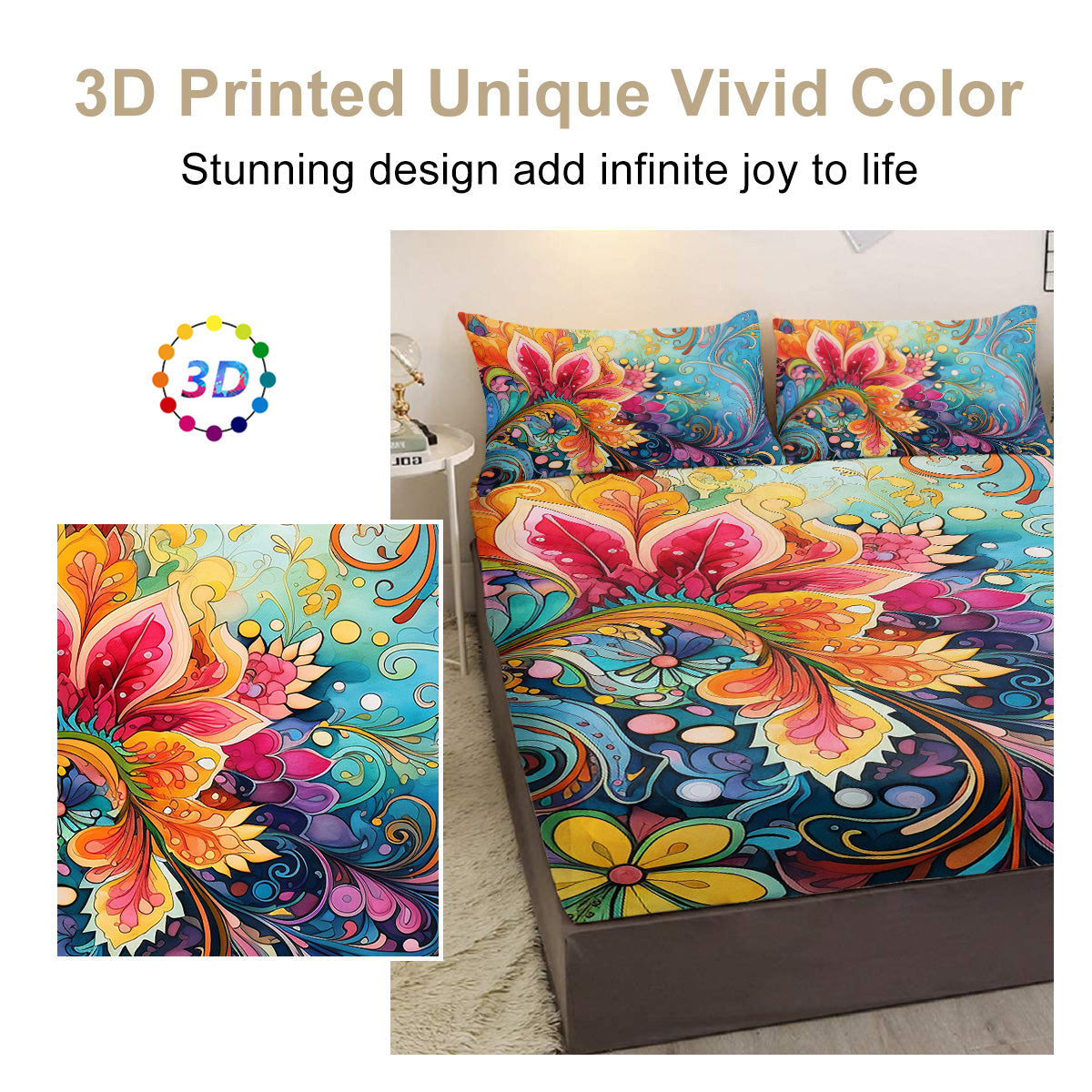 Bedding Fitted Sheet With Deep Pocket Mattress Cover Sheets,Colorful Flowers Printed Fabric Bed Sheets - My Store
