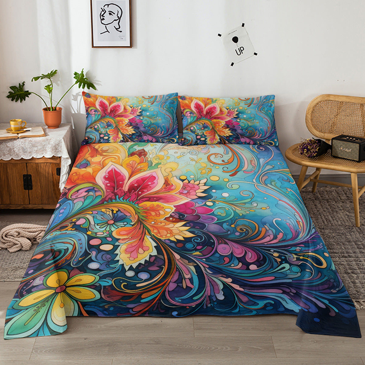 Bedding Flat Sheet Set With Deep Pocket Mattress Cover Sheets, Colorful Flowers Printed Fabric Bed Sheets - My Store