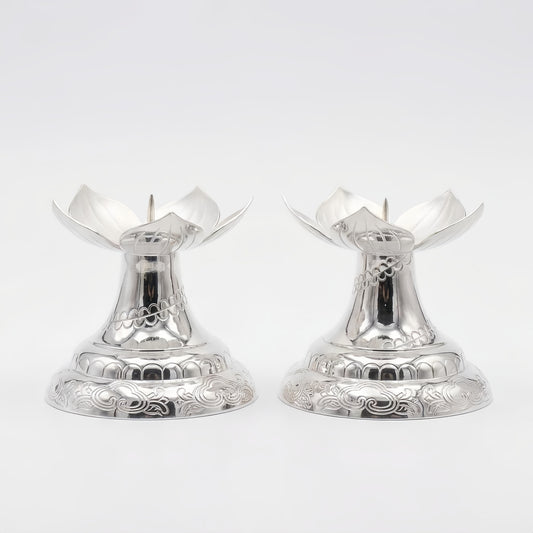 925 Sterling Silver Elegant Silver Lotus Flower Candle Holders with Intricate Engraved Bases, Set of Two - Handicraft - My Store