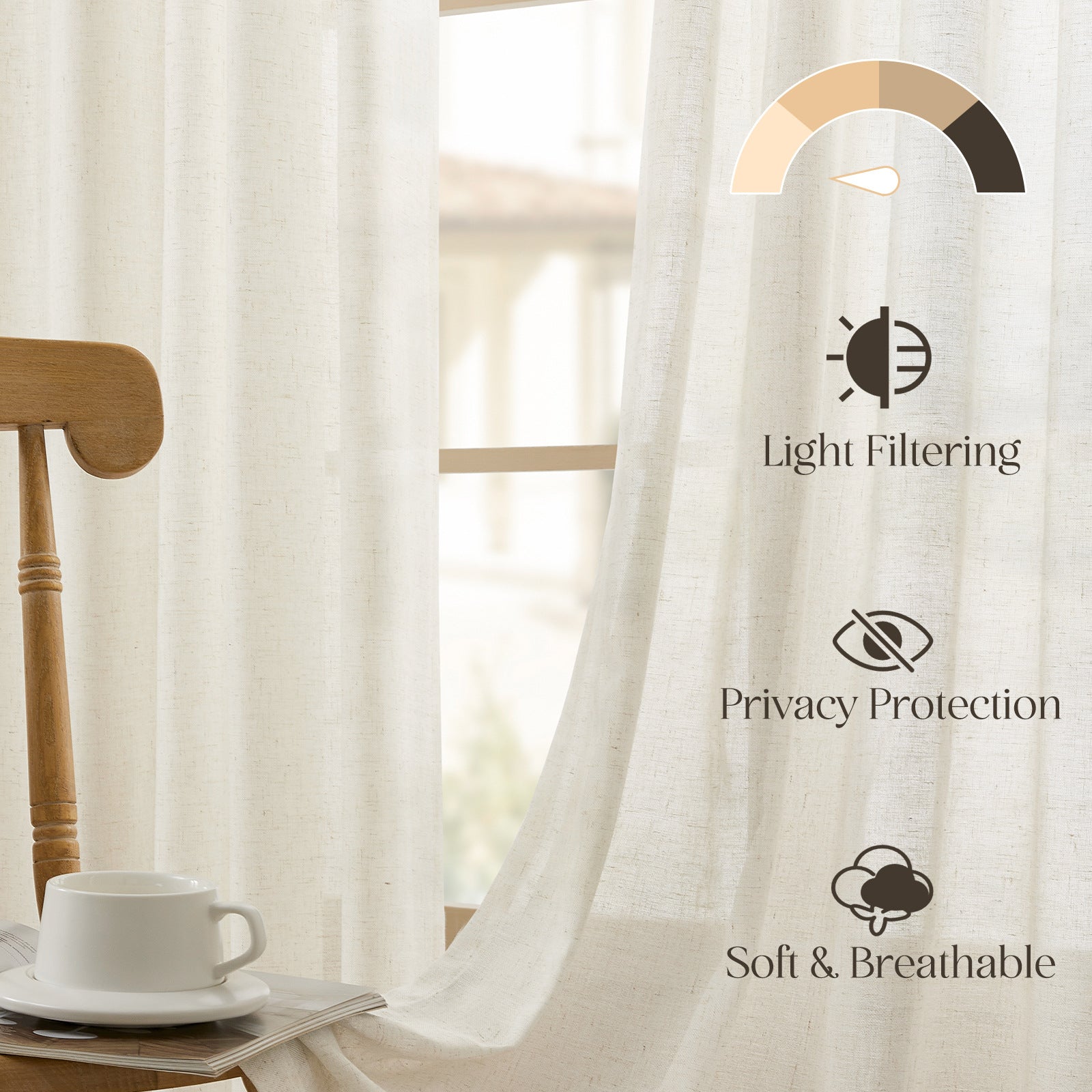 Faux Linen Grommet Sheer Curtains, Solid Color Semi Transparent Voile Curtain Panels, Modern Simple Window Drapes For Bedroom Living Room, Ready Made Home Window Curtain - My Store