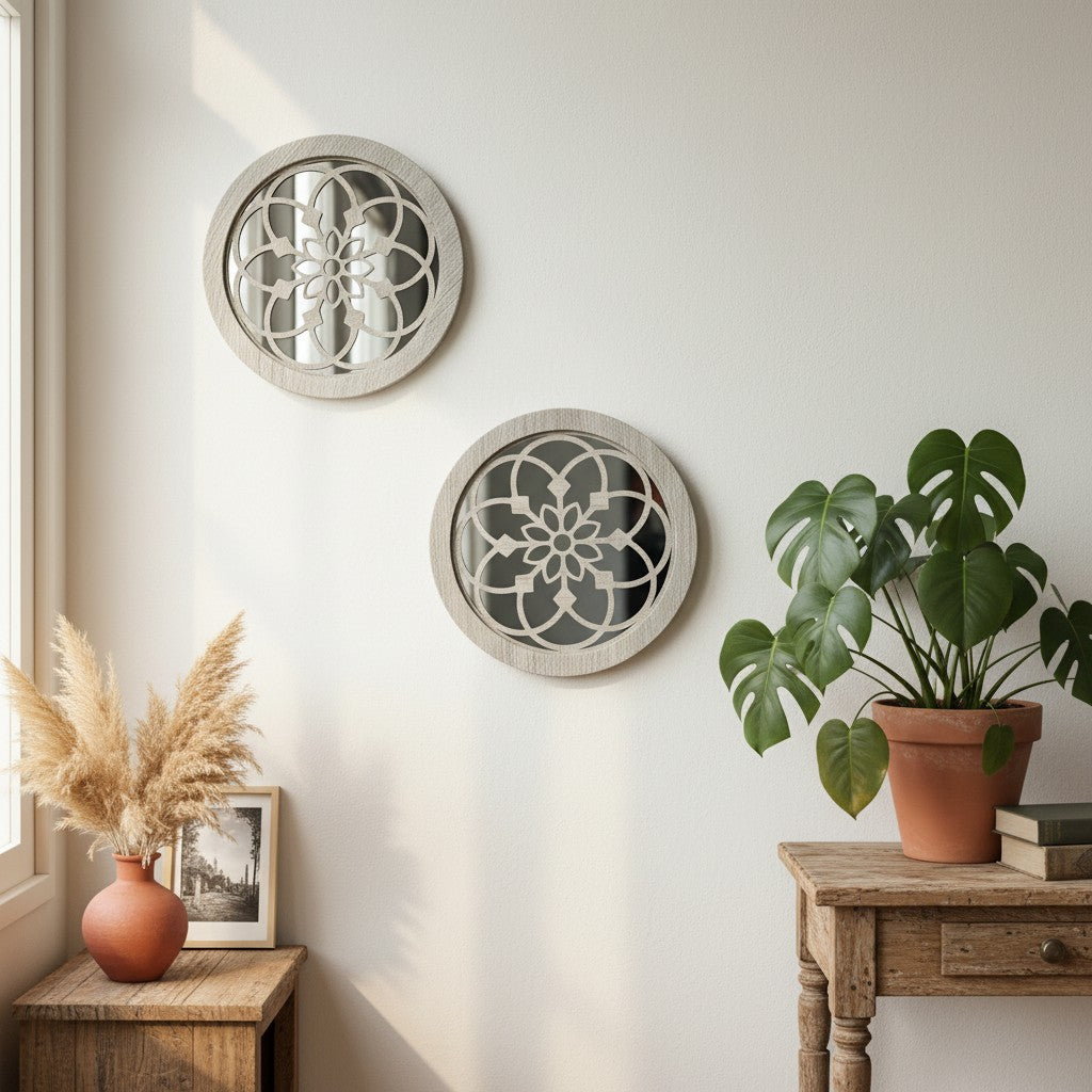 2 Pack Rustic Round Wooden Wall Mirror, Hollow Floral Carved Decorative Mirror, Farmhouse Wall Hanging Art For Home Decoration - My Store