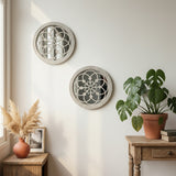 2 Pack Rustic Round Wooden Wall Mirror, Hollow Floral Carved Decorative Mirror, Farmhouse Wall Hanging Art For Home Decoration - My Store