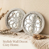 2 Pack Rustic Round Wooden Wall Mirror, Hollow Floral Carved Decorative Mirror, Farmhouse Wall Hanging Art For Home Decoration - My Store