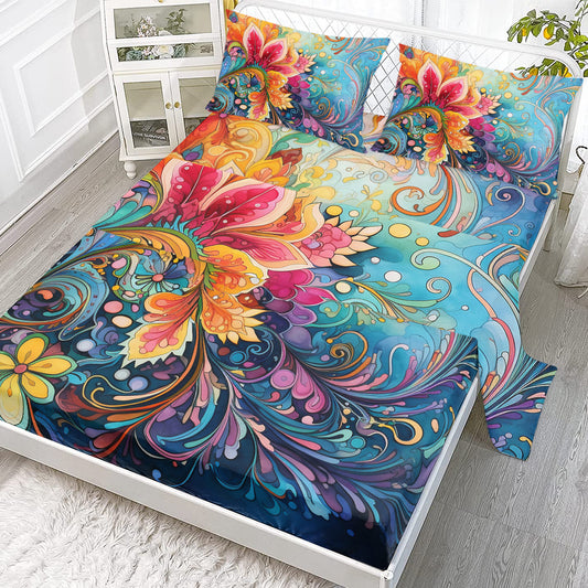 Bedding Flat Sheet Set With Deep Pocket Mattress Cover Sheets, Colorful Flowers Printed Fabric Bed Sheets - My Store
