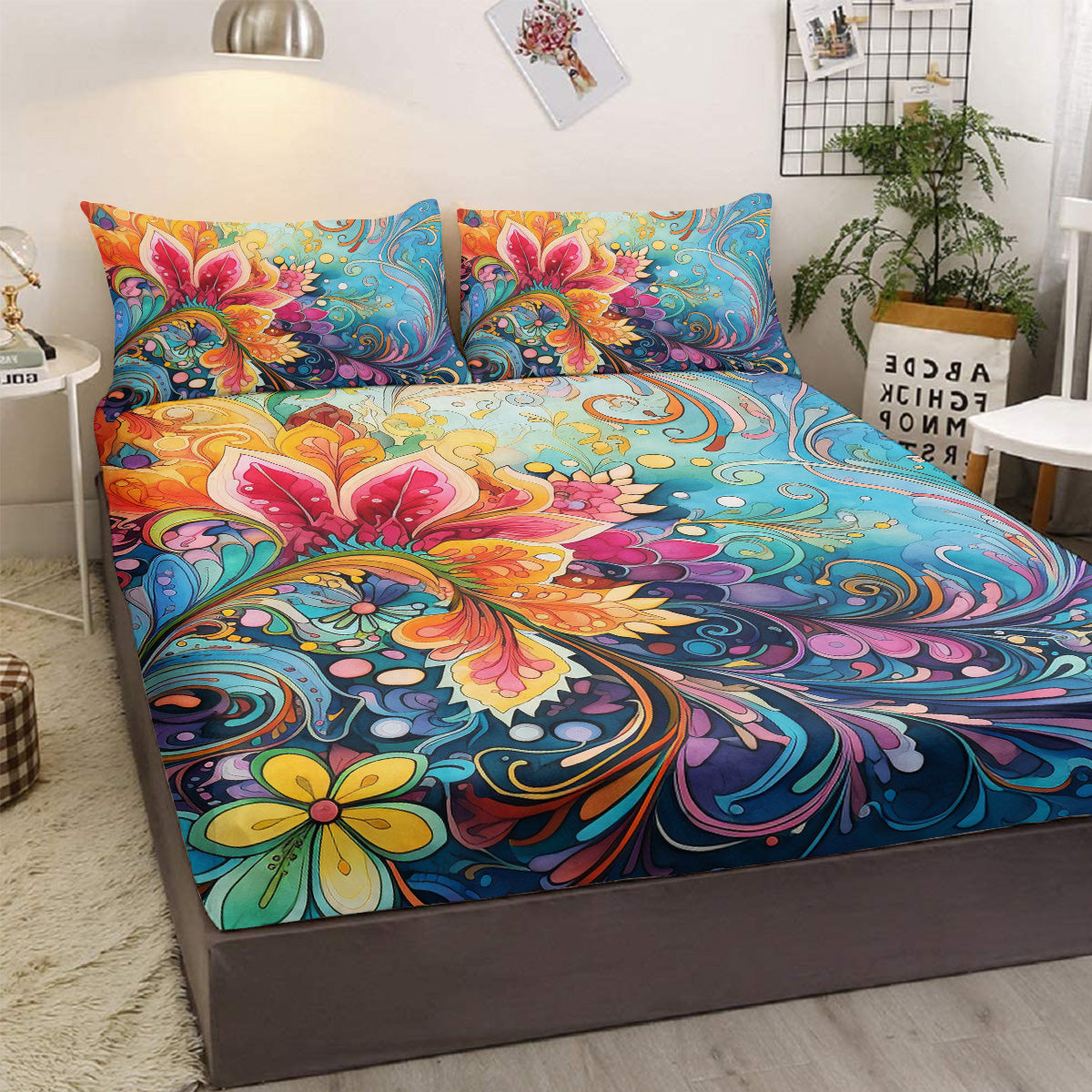 Bedding Fitted Sheet With Deep Pocket Mattress Cover Sheets,Colorful Flowers Printed Fabric Bed Sheets - My Store
