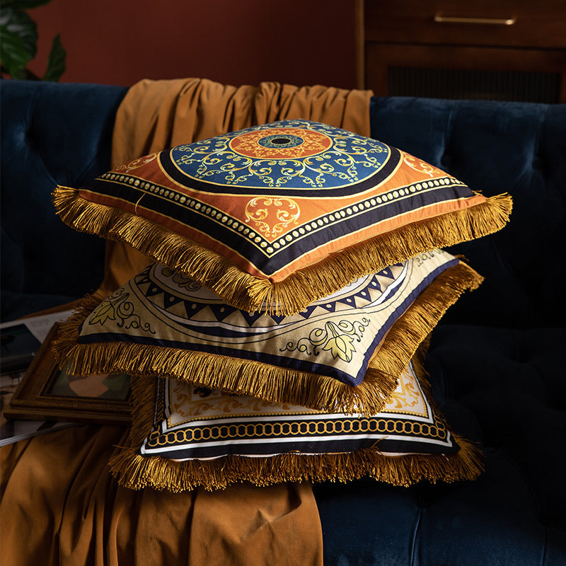 Pillow Sofa High-grade Sense Duplex Printing Tassel Waist Pillow Back Luxury Pillows - My Store