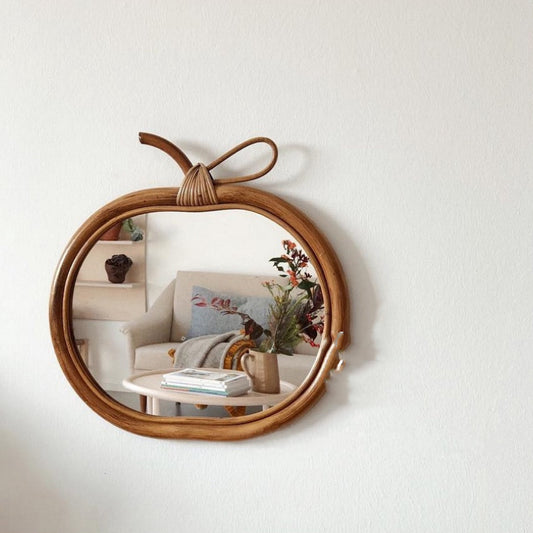 Handmade Rattan Retro Round Mirror Apple Mirror Household Make-up Mirror Wall Hanging Porch Decoration - My Store