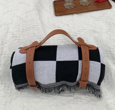New Chessboard Plaid Knitted Thickened Camping Rugs Picnic Mat Fashion Tassel - My Store