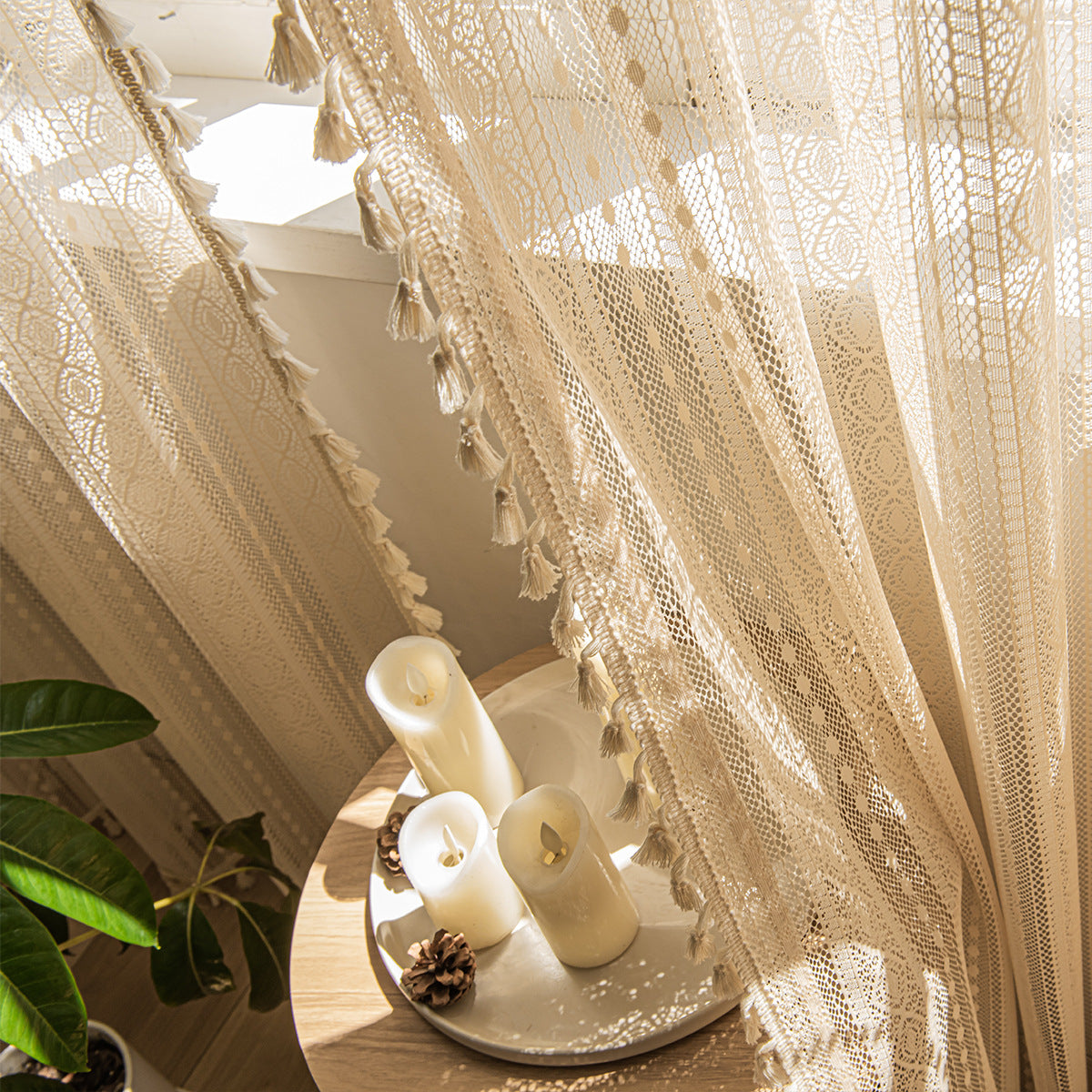 Wood Color Lace Mesh Curtains Living Room Bedroom - My Store