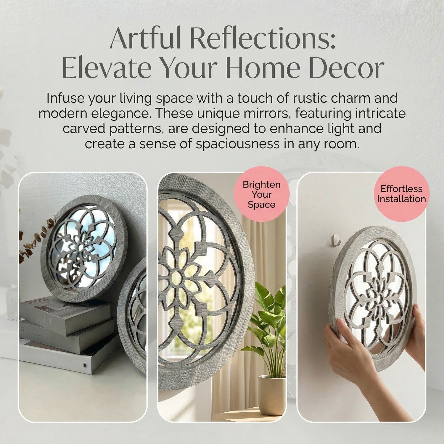 2 Pack Rustic Round Wooden Wall Mirror, Hollow Floral Carved Decorative Mirror, Farmhouse Wall Hanging Art For Home Decoration - My Store