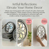 2 Pack Rustic Round Wooden Wall Mirror, Hollow Floral Carved Decorative Mirror, Farmhouse Wall Hanging Art For Home Decoration - My Store