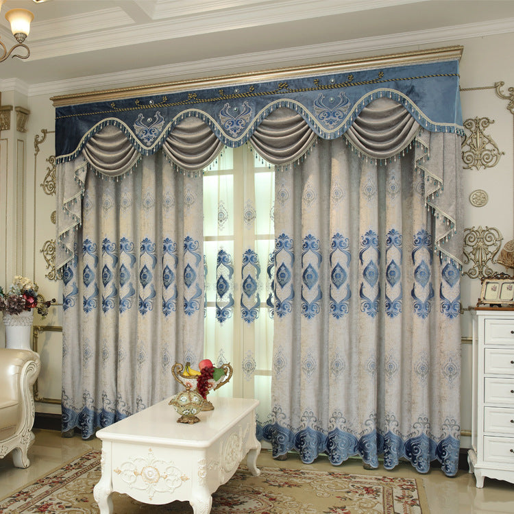 Blue Chenille Embroidered Curtains For Living Room Bedroom And Villa - My Store