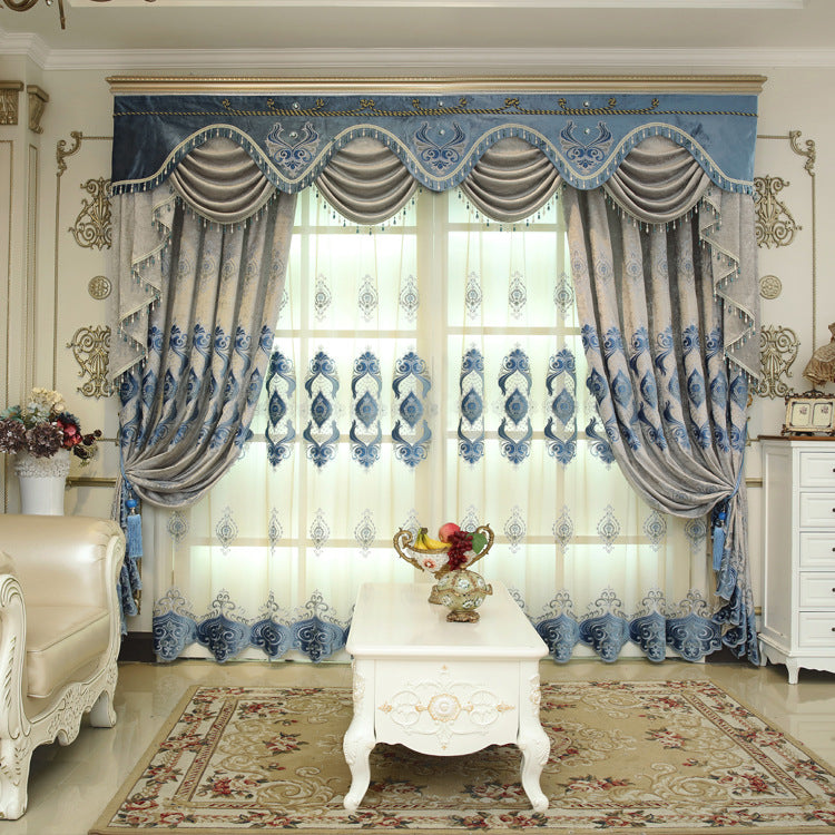 Blue Chenille Embroidered Curtains For Living Room Bedroom And Villa - My Store