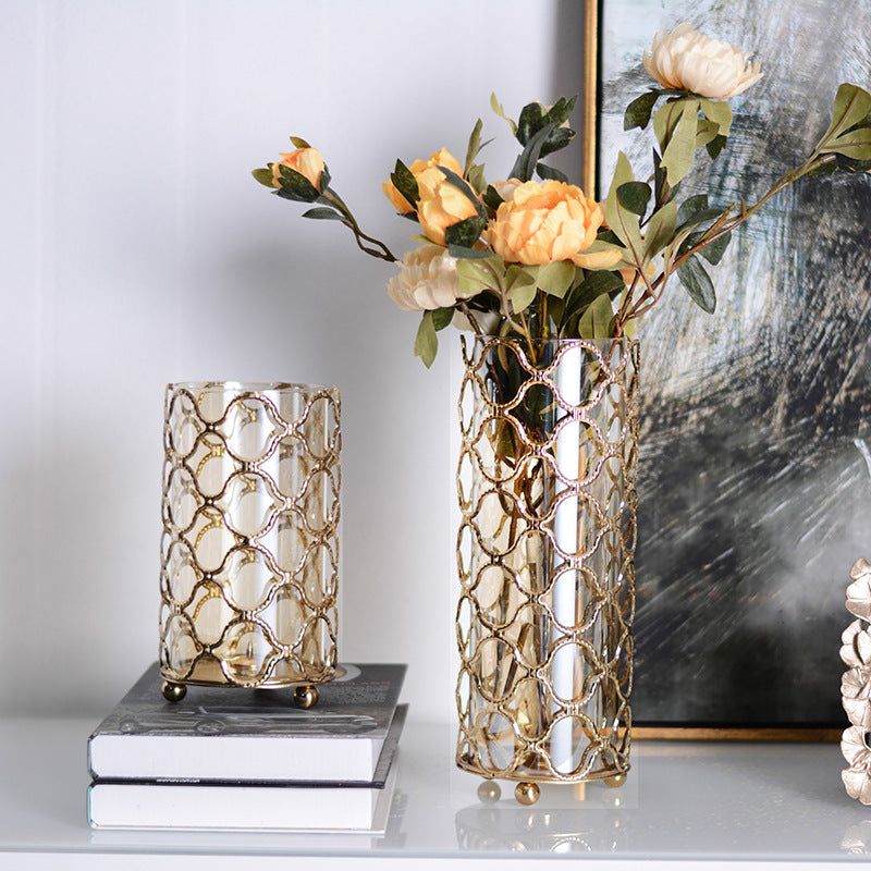 Hollow Out Glass Vases Golden Flower Arrangement Metal - My Store