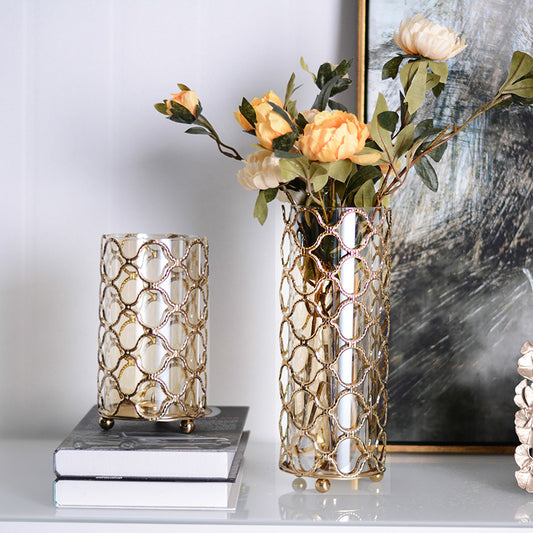 Hollow Out Glass Vases Golden Flower Arrangement Metal - My Store