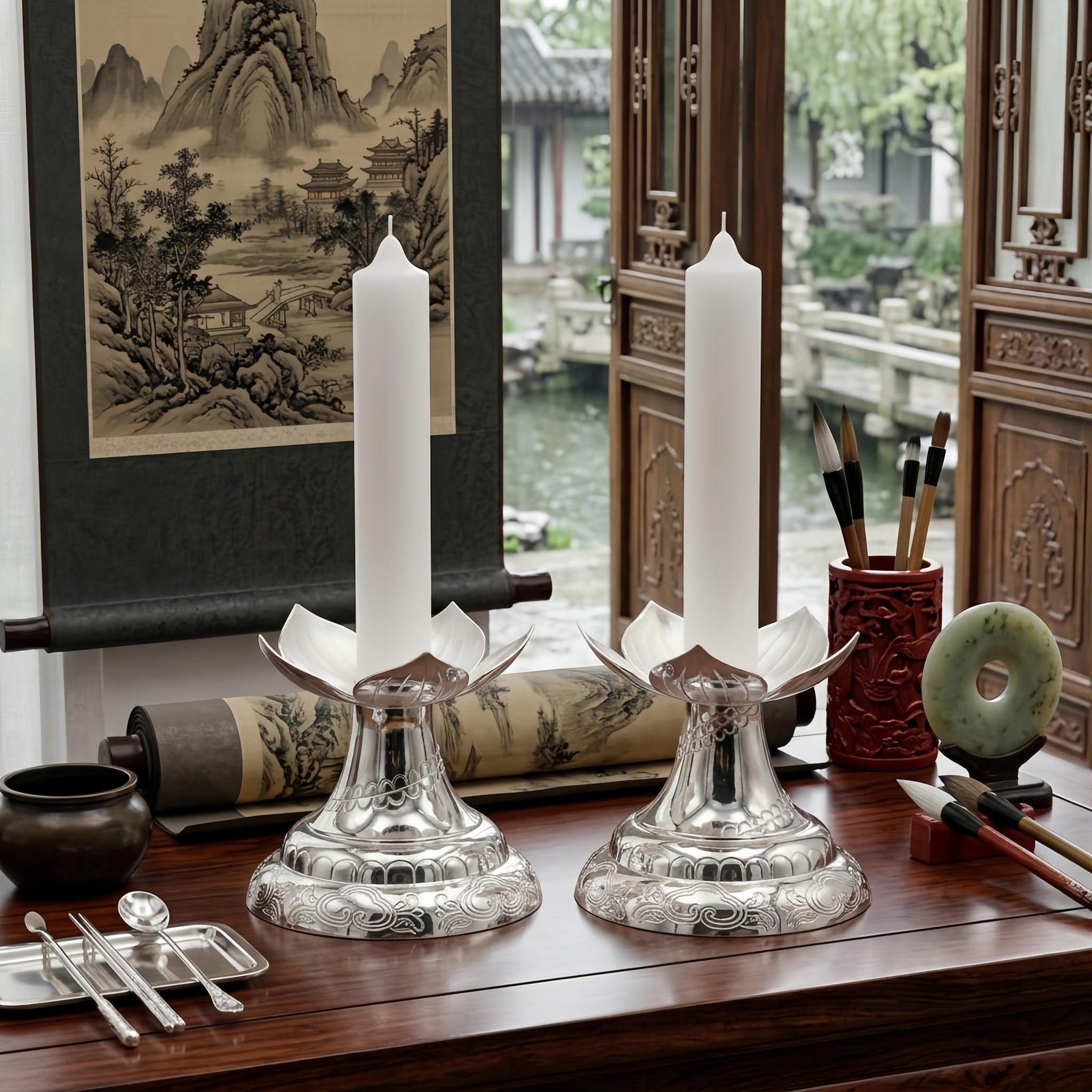 925 Sterling Silver Elegant Silver Lotus Flower Candle Holders with Intricate Engraved Bases, Set of Two - Handicraft - My Store